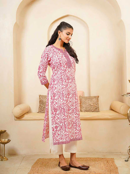 Cotton Block Printed Long Kurta Pink