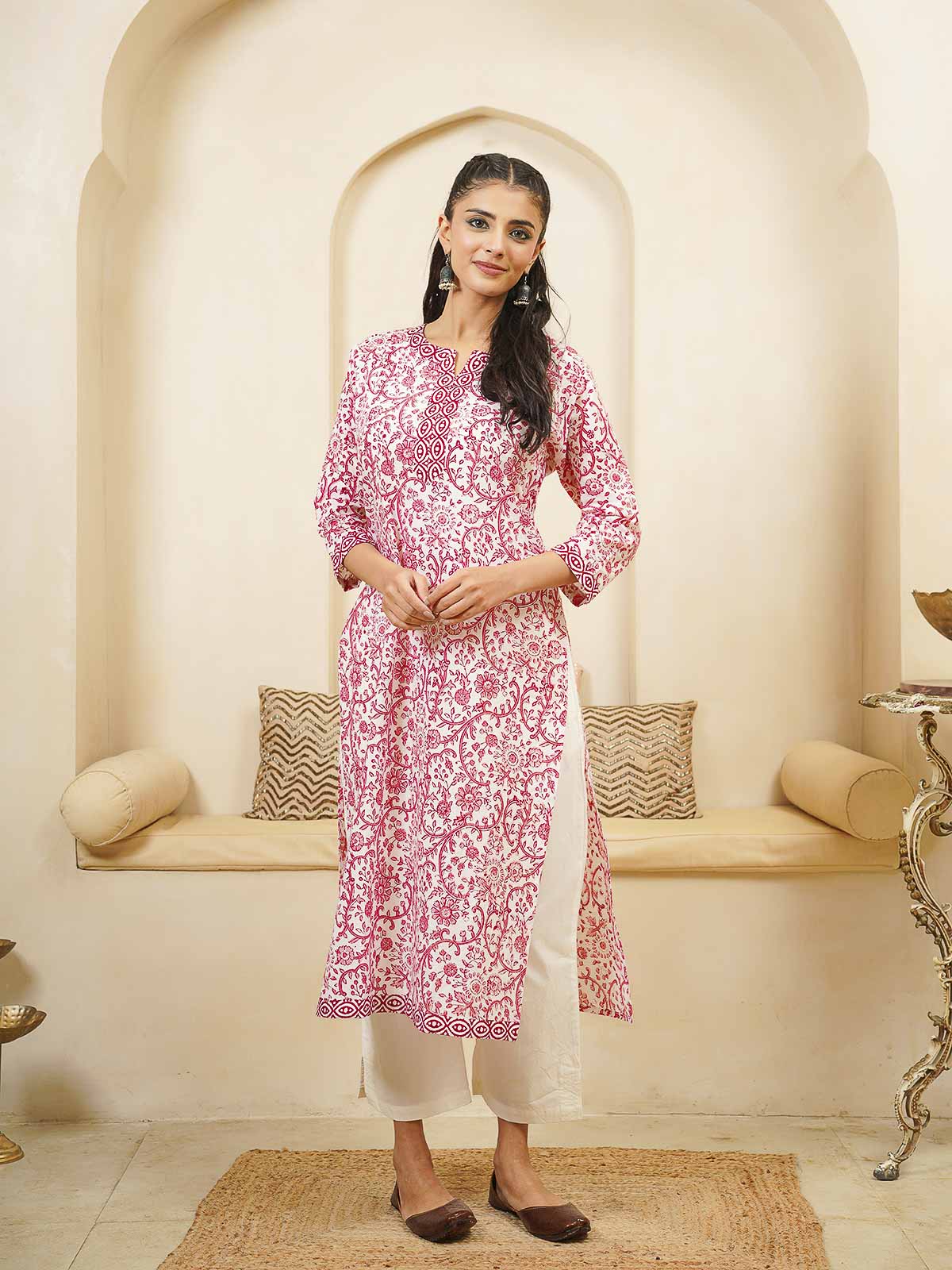 Cotton Block Printed Long Kurta Pink