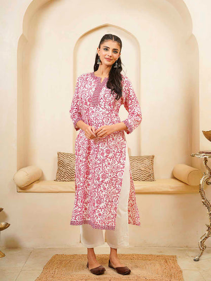 Cotton Block Printed Long Kurta Pink