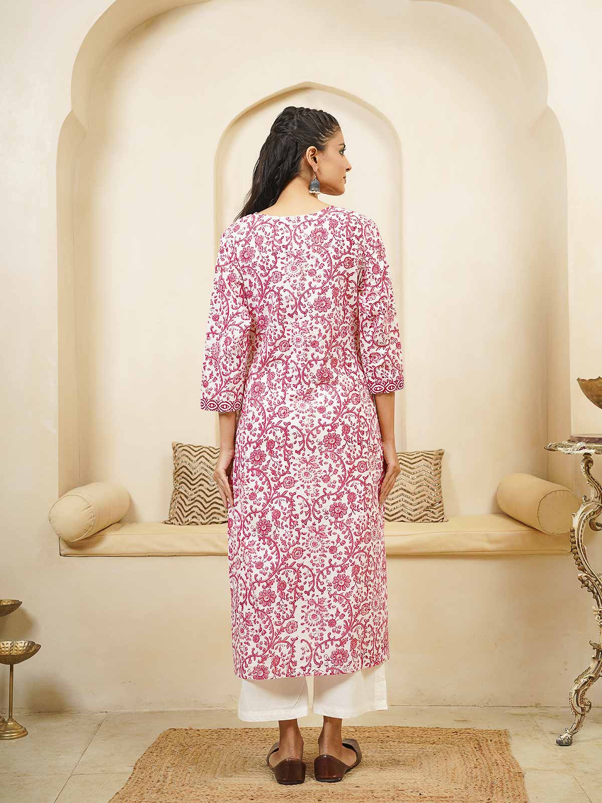 Cotton Block Printed Long Kurta Pink