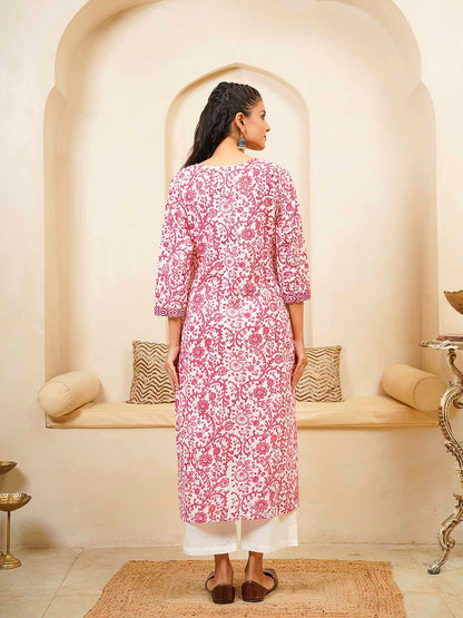 Cotton Block Printed Long Kurta Pink