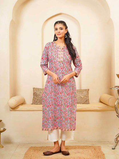 Cotton Block Printed Long Kurta Grey Pink