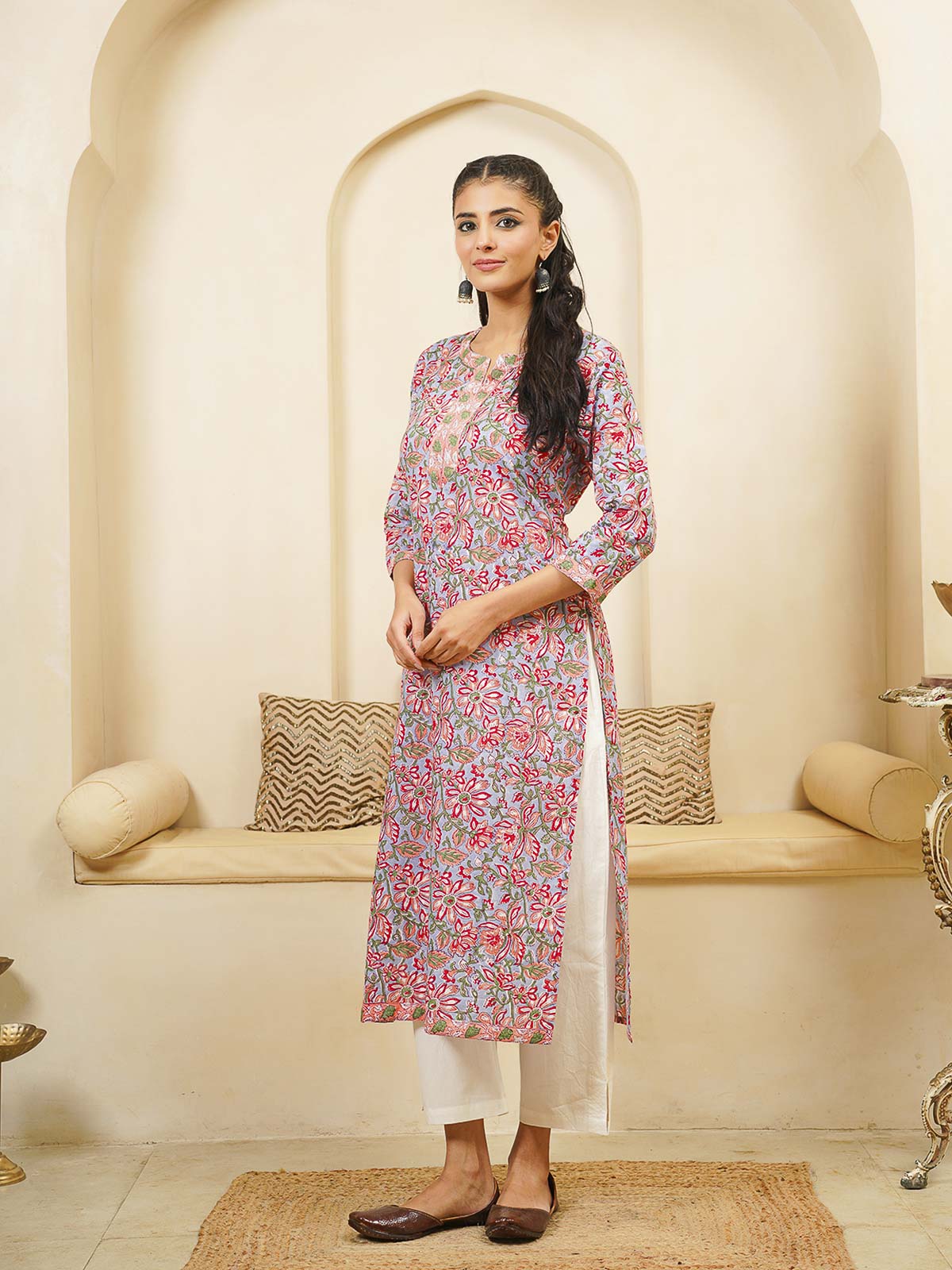 Cotton Block Printed Long Kurta Grey Pink