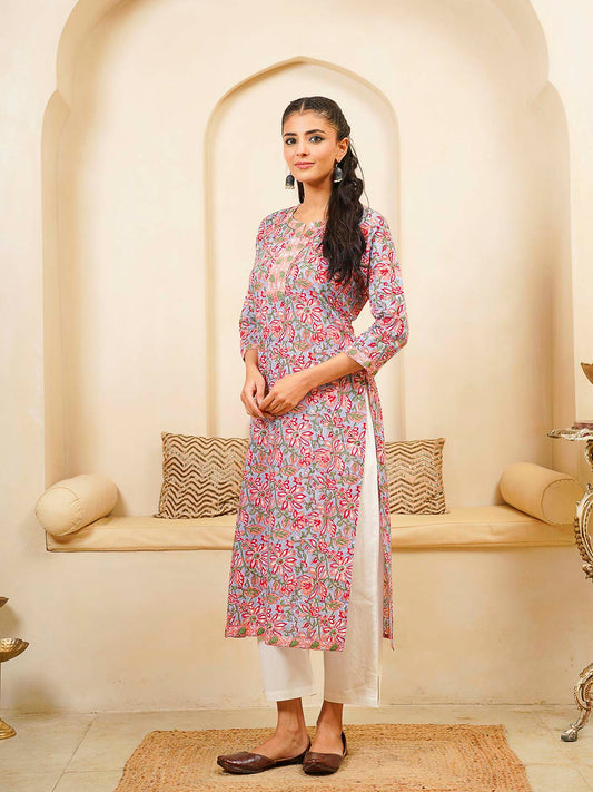 Cotton Block Printed Long Kurta Grey Pink
