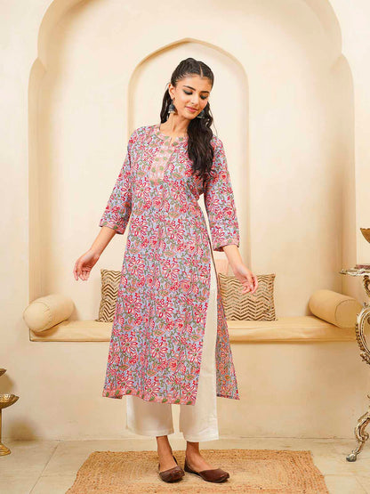 Cotton Block Printed Long Kurta Grey Pink
