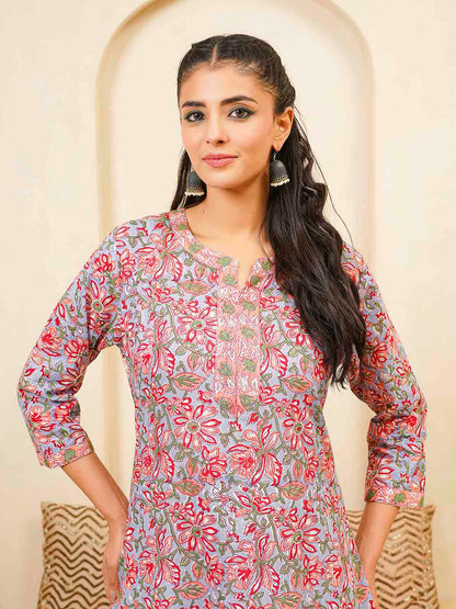Cotton Block Printed Long Kurta Grey Pink