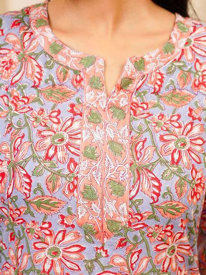 Cotton Block Printed Long Kurta Grey Pink