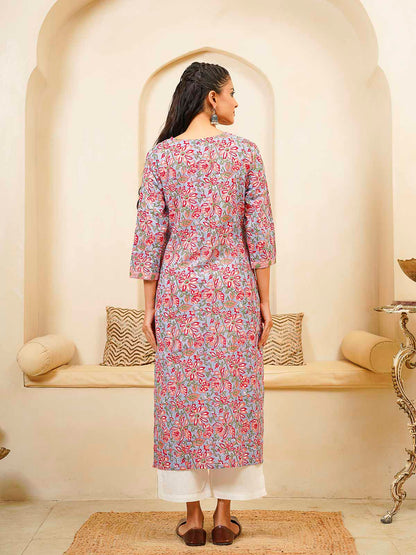 Cotton Block Printed Long Kurta Grey Pink
