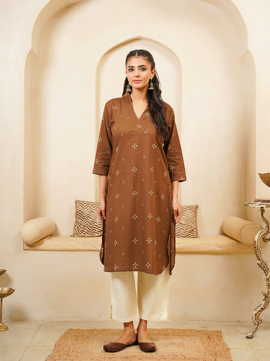 Cotton Printed Straight Kurta Brown