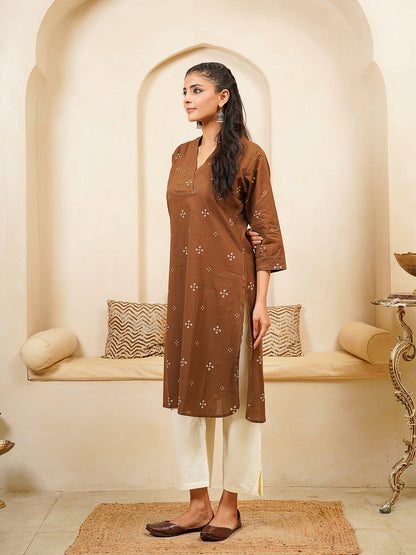 Cotton Printed Straight Kurta Brown