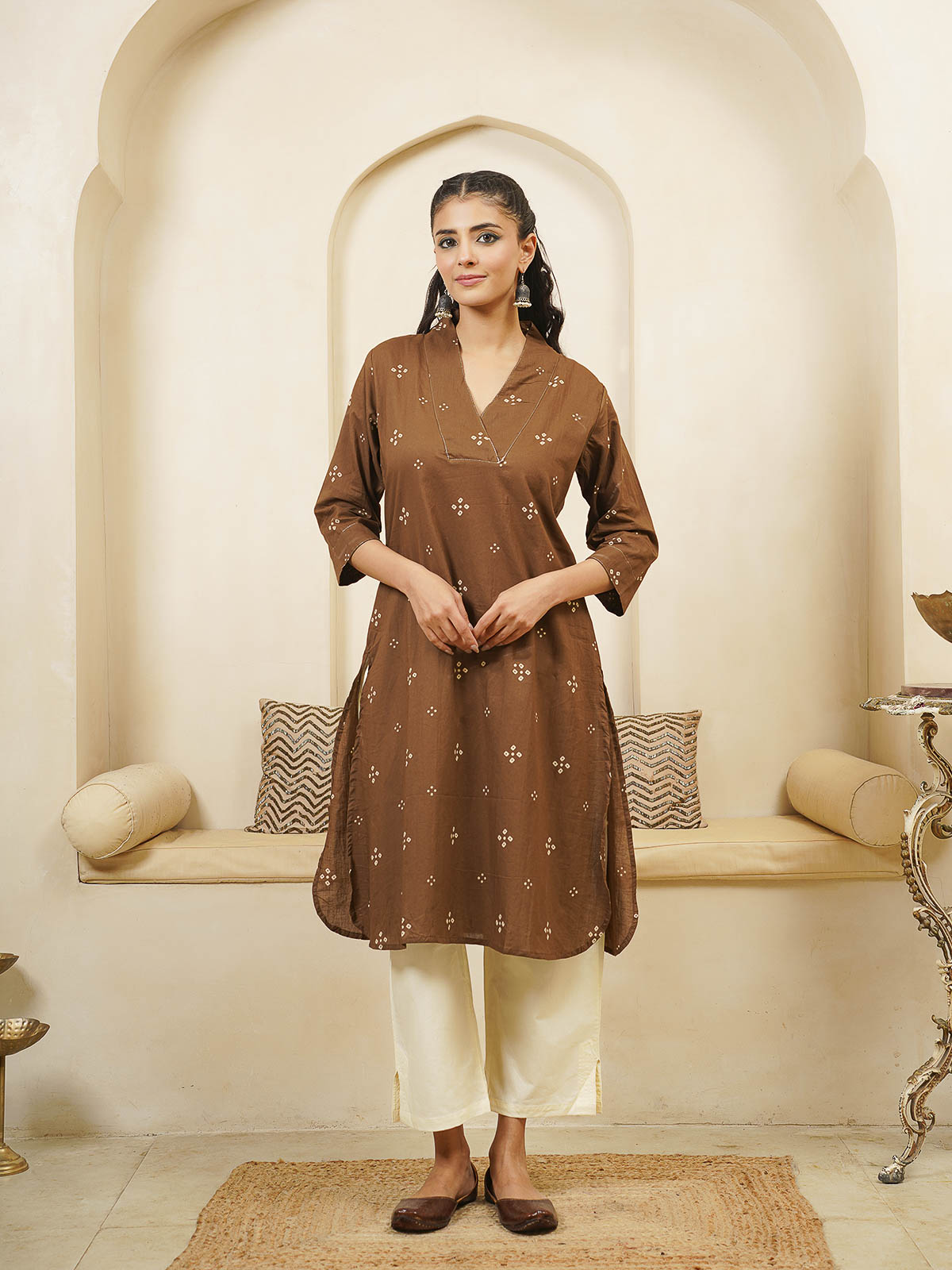 Cotton Printed Straight Kurta Brown