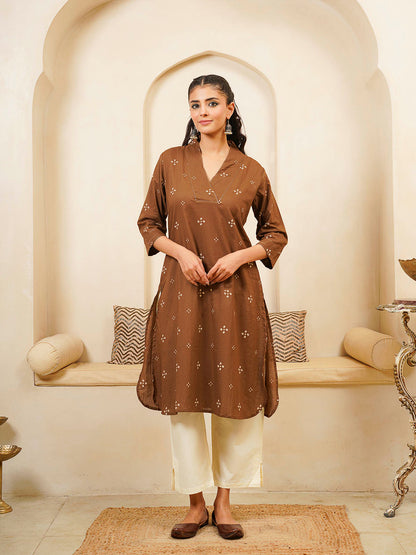 Cotton Printed Straight Kurta Brown