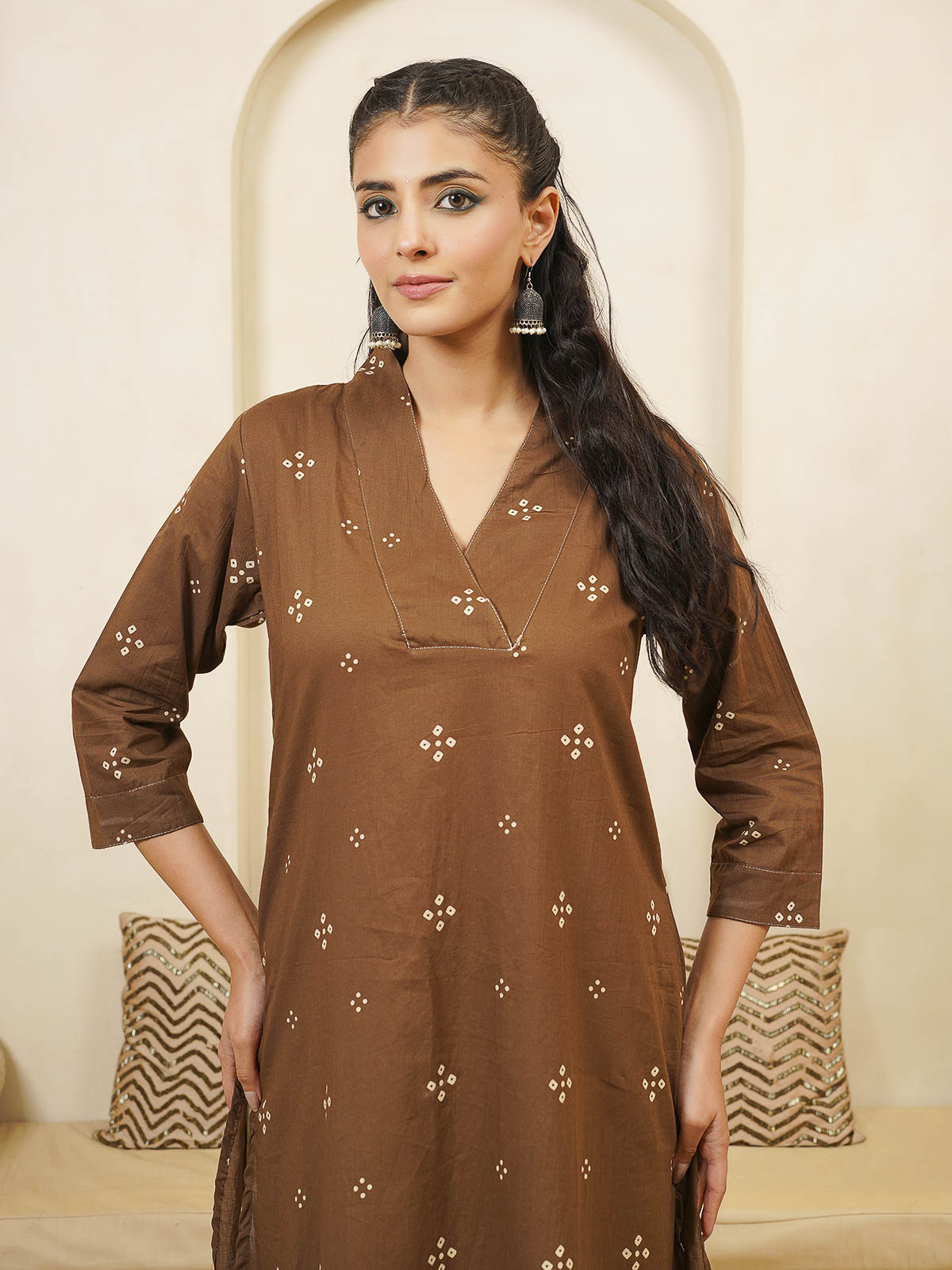 Cotton Printed Straight Kurta Brown