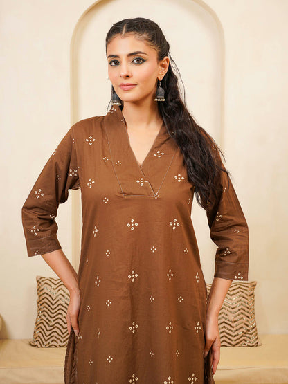 Cotton Printed Straight Kurta Brown