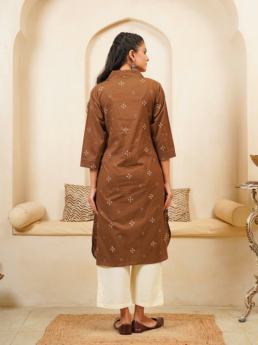 Cotton Printed Straight Kurta Brown