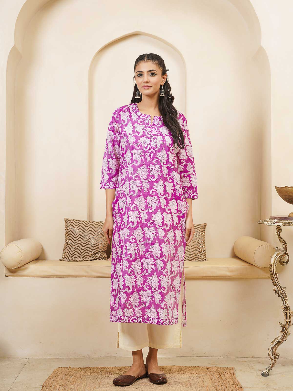 Cotton Block Printed Long Kurta Purple