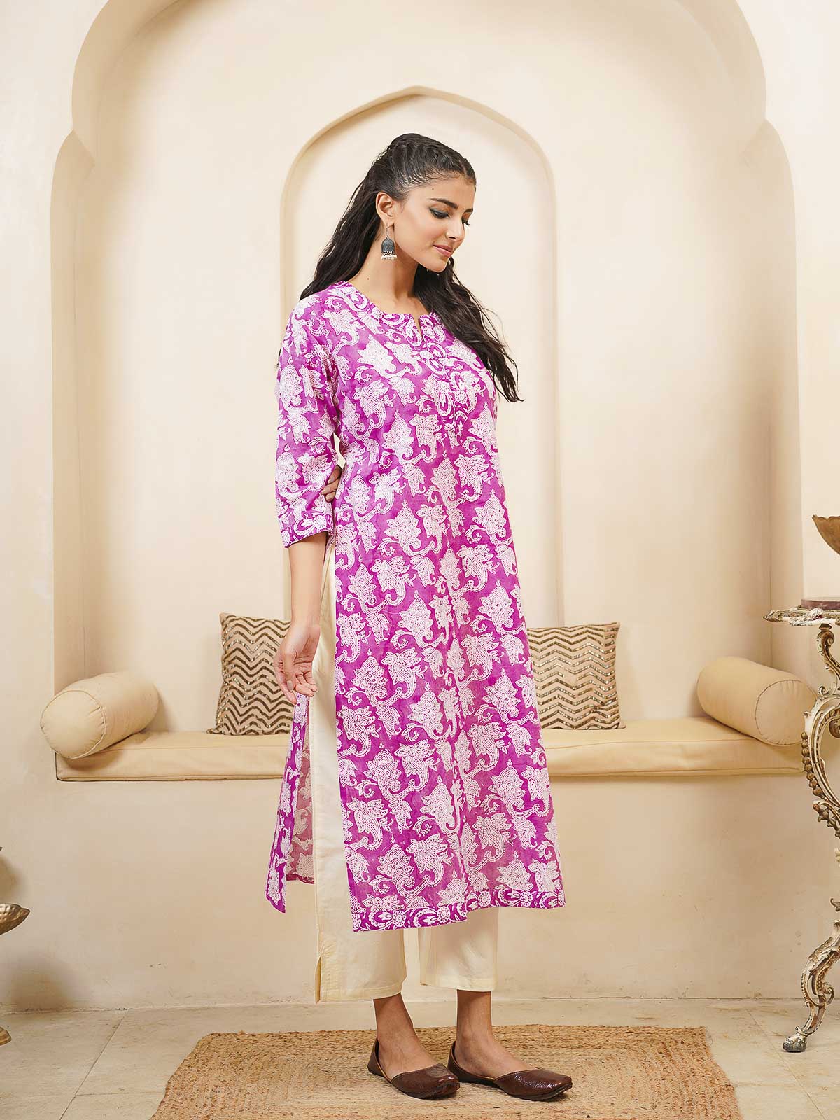 Cotton Block Printed Long Kurta Purple