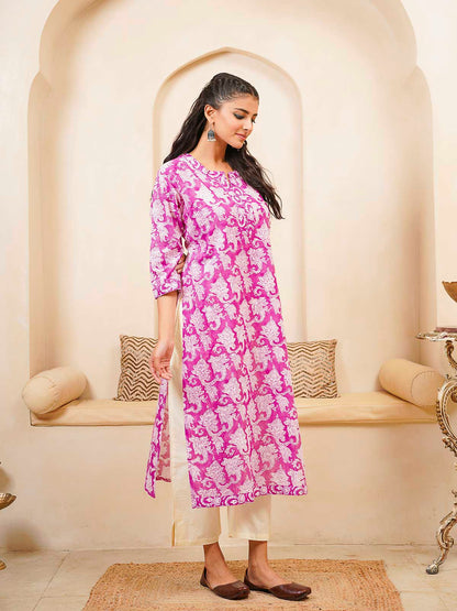 Cotton Block Printed Long Kurta Purple