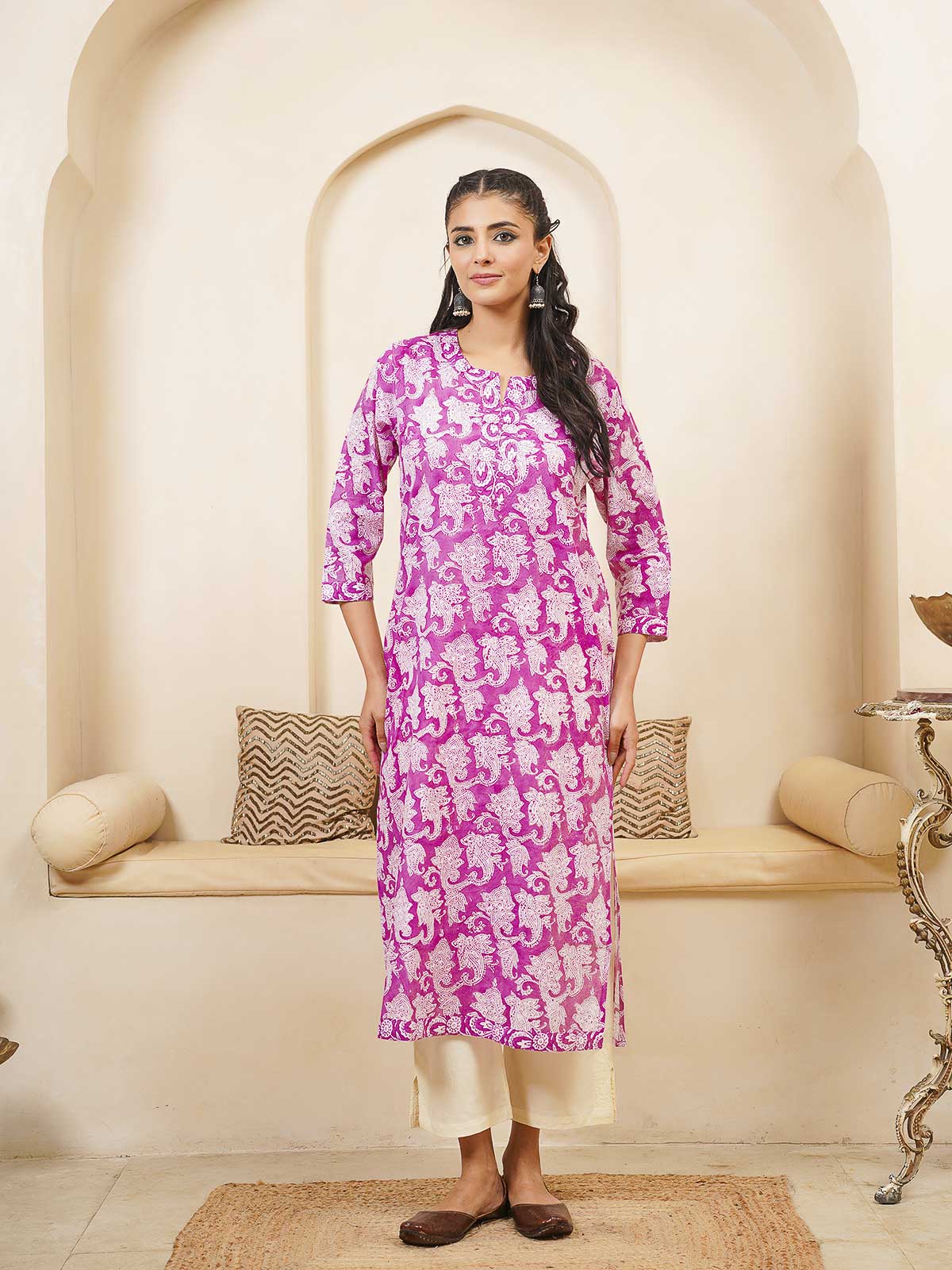 Cotton Block Printed Long Kurta Purple