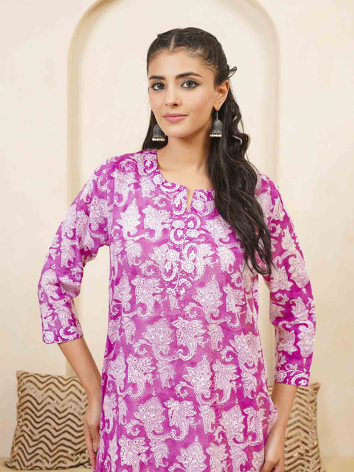 Cotton Block Printed Long Kurta Purple