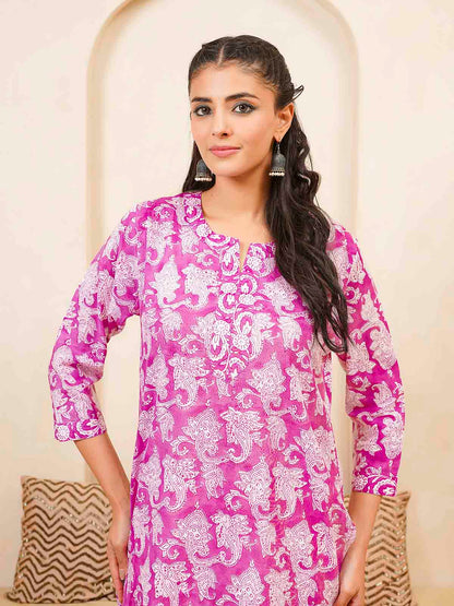 Cotton Block Printed Long Kurta Purple