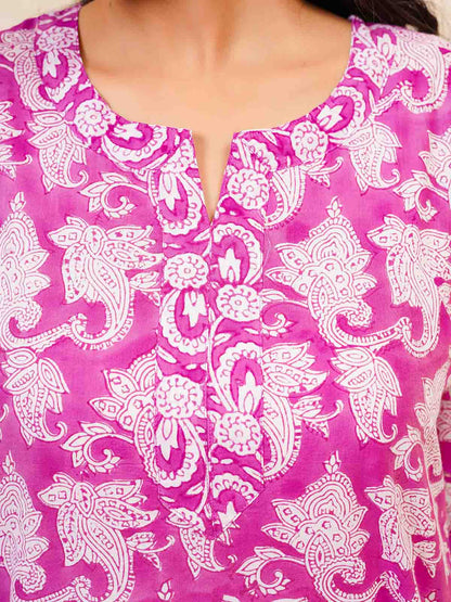 Cotton Block Printed Long Kurta Purple