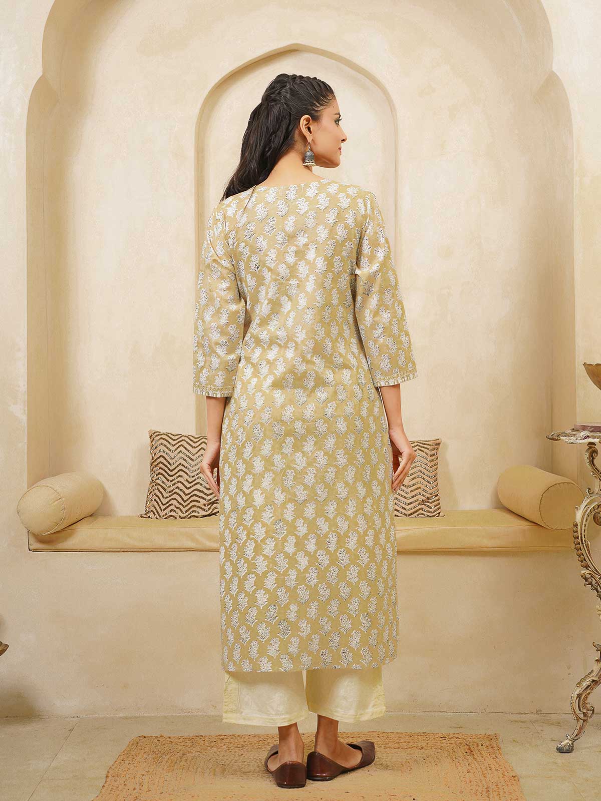 Cotton Block Printed Long Kurta Khaki Booty