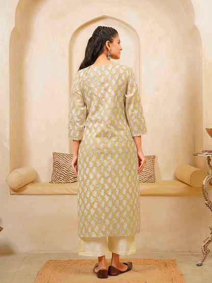 Cotton Block Printed Long Kurta Khaki Booty