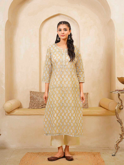 Cotton Block Printed Long Kurta Khaki Booty