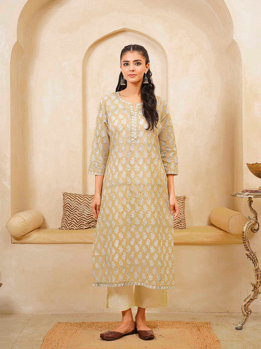 Cotton Block Printed Long Kurta Khaki Booty