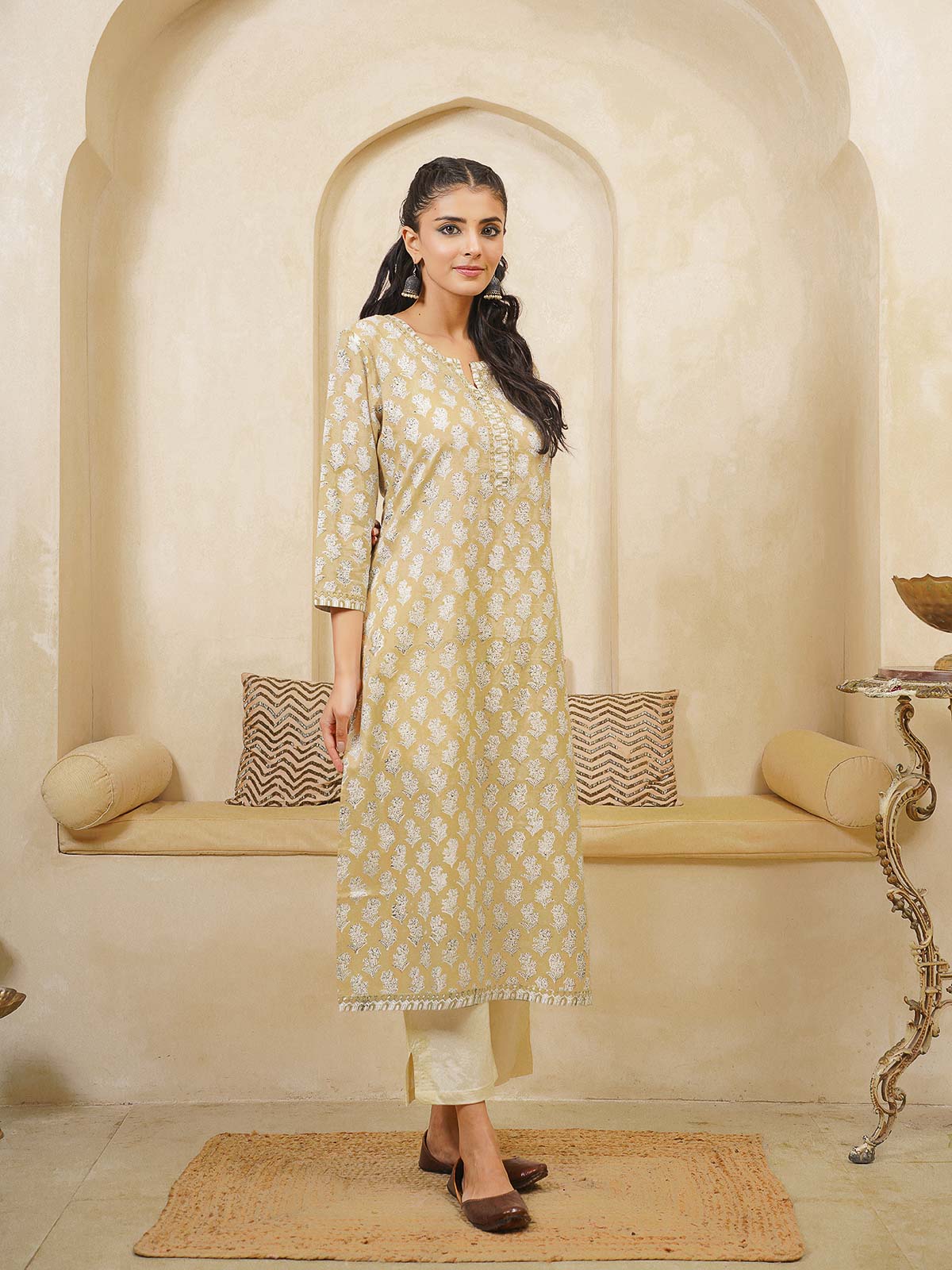 Cotton Block Printed Long Kurta Khaki Booty