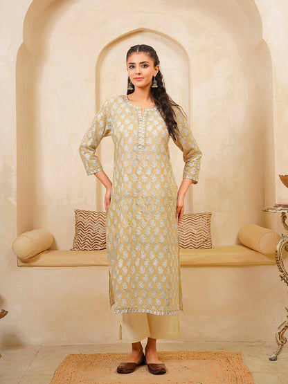 Cotton Block Printed Long Kurta Khaki Booty