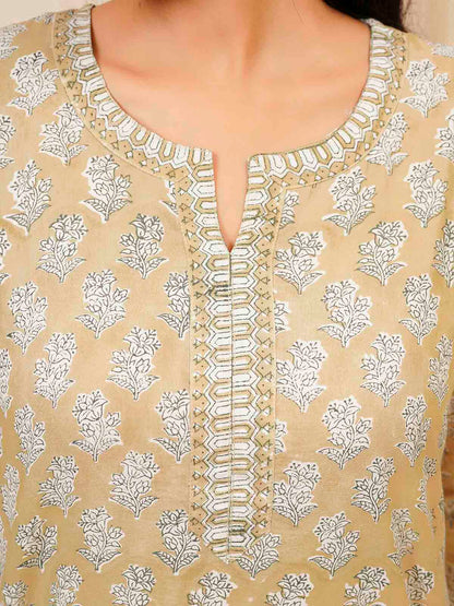 Cotton Block Printed Long Kurta Khaki Booty