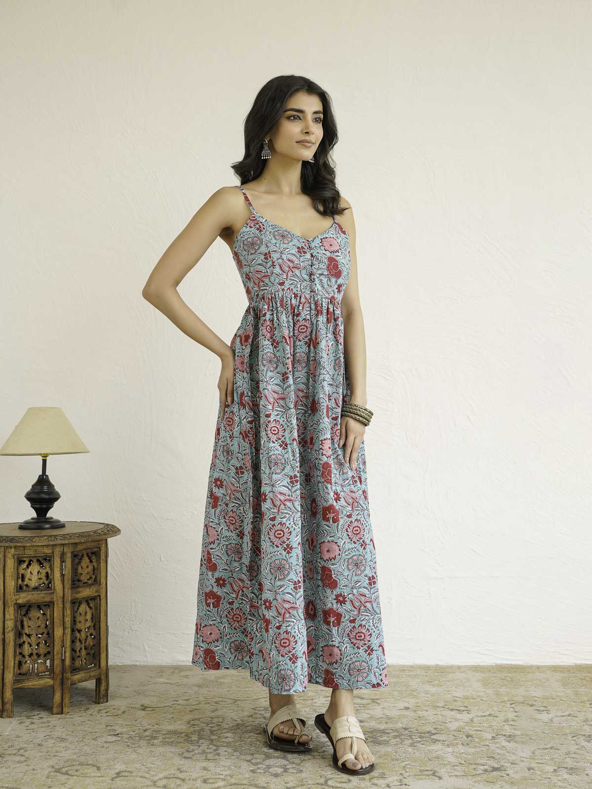 V-Neck Long Strappy Dress Light Green