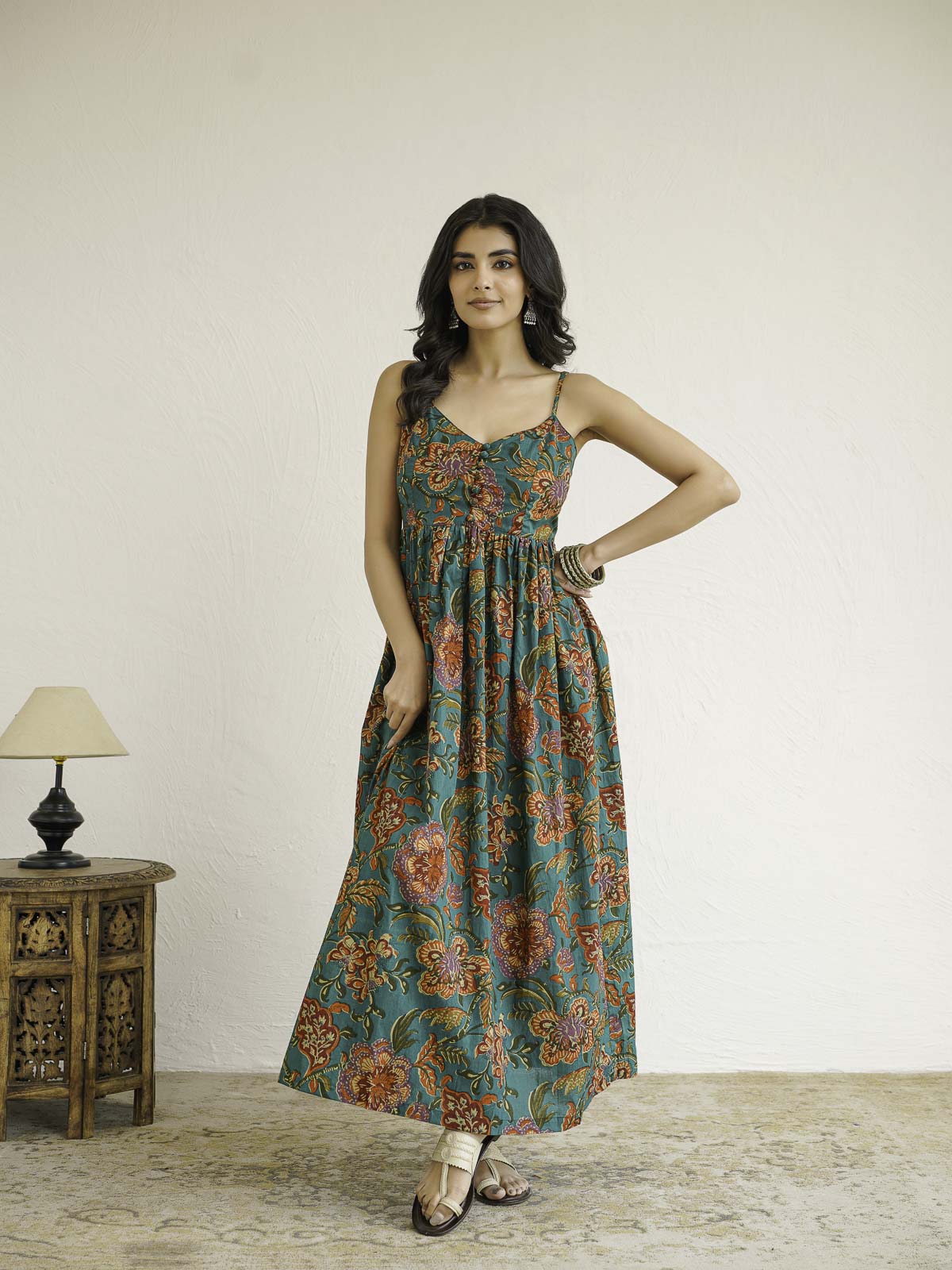 V-Neck Long Strappy Dress Dark Green