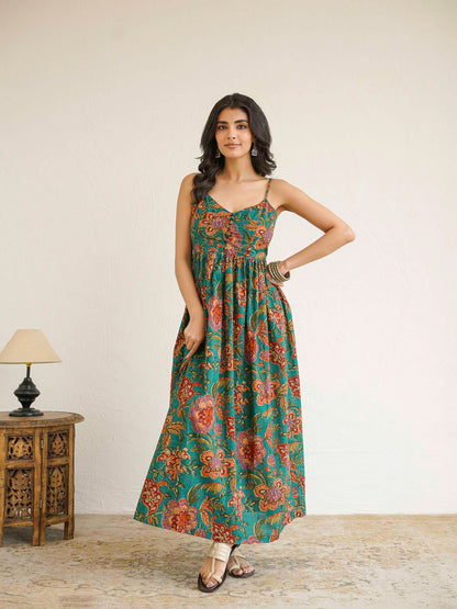 V-Neck Long Strappy Dress Dark Green