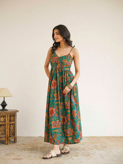 V-Neck Long Strappy Dress Dark Green