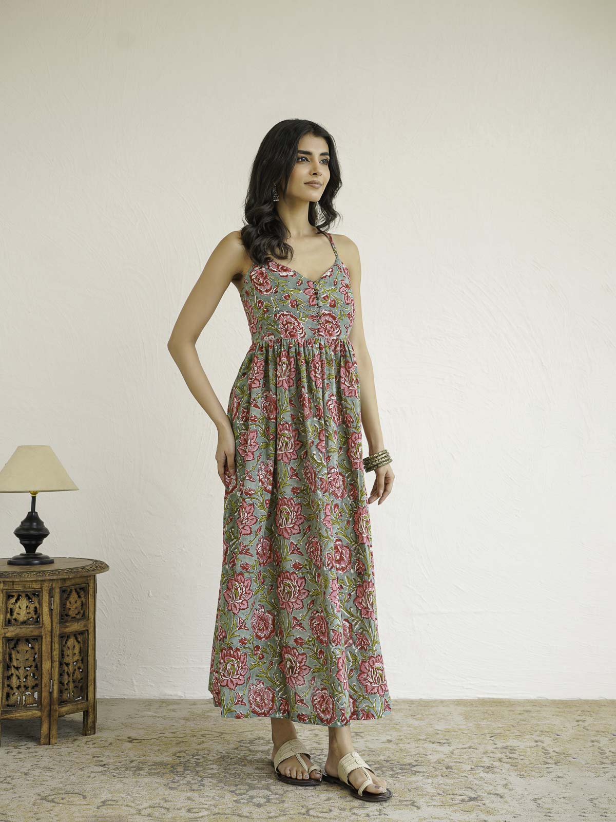 V-Neck Long Strappy Dress Green Flower