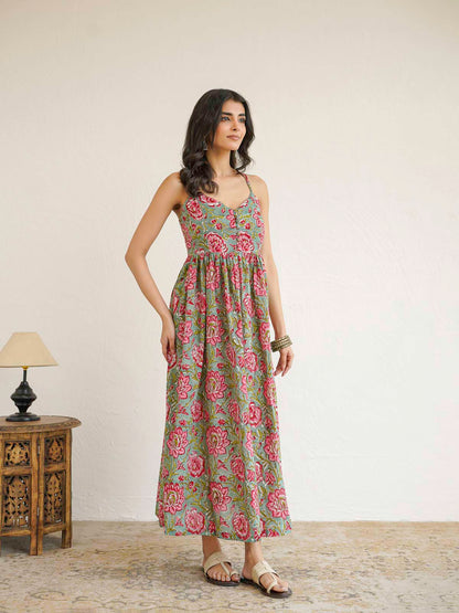 V-Neck Long Strappy Dress Green Flower