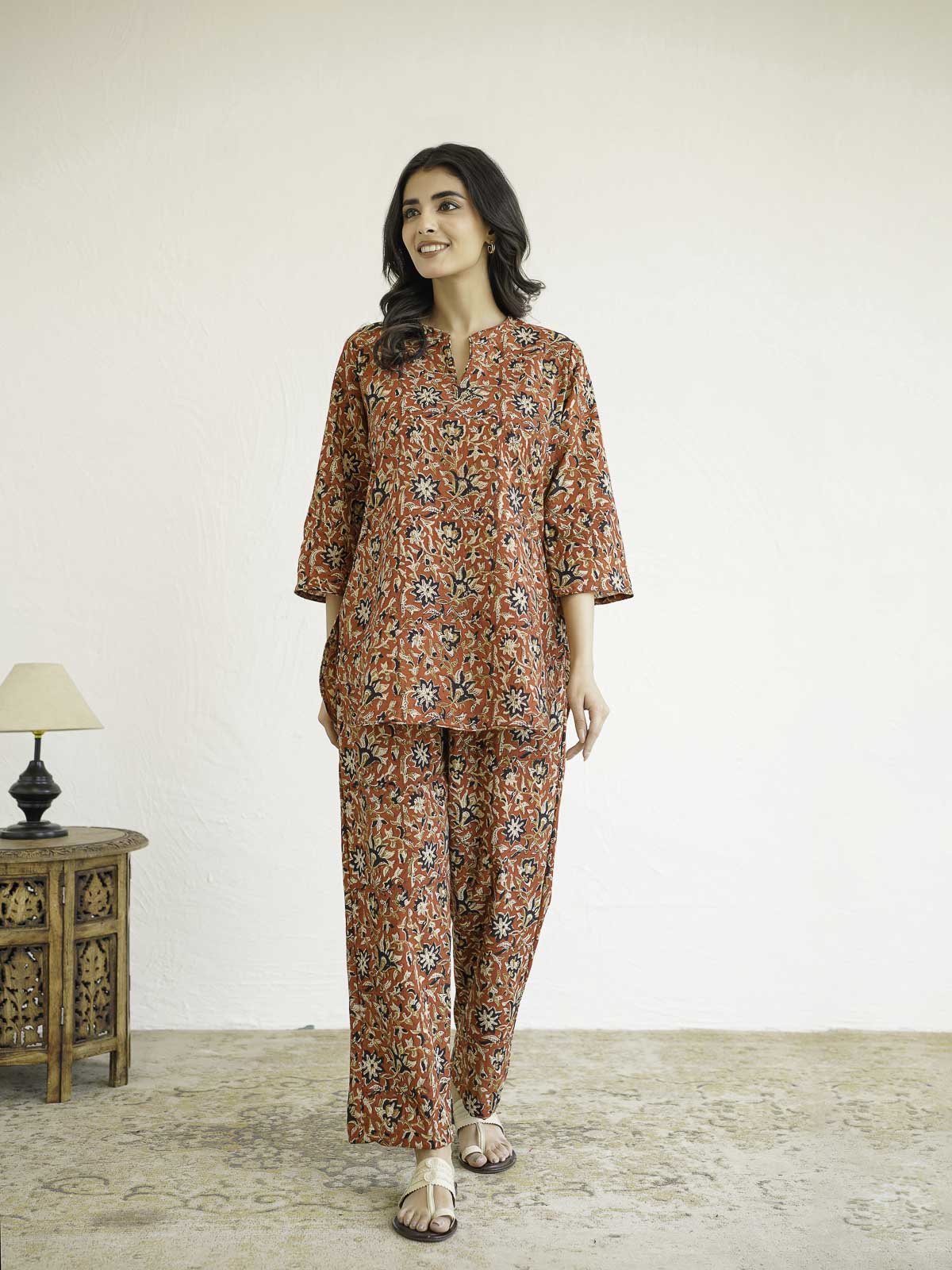 Cotton Printed Lounge Wear Coord Set Red Jaal
