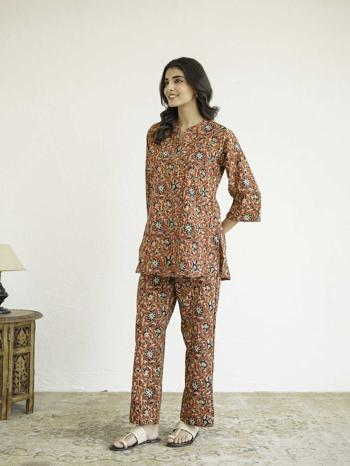 Cotton Printed Lounge Wear Coord Set Red Jaal