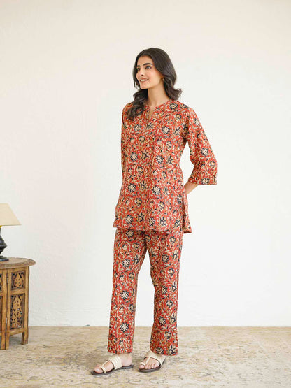 Cotton Printed Lounge Wear Coord Set Red Jaal