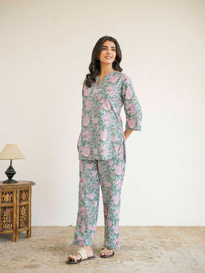 Cotton Printed Lounge Wear Coord Set Light Green