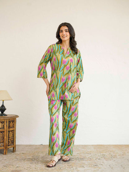 Cotton Printed Lounge Wear Coord Set Green Flower