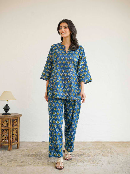 Cotton Printed Lounge Wear Coord Set Blue