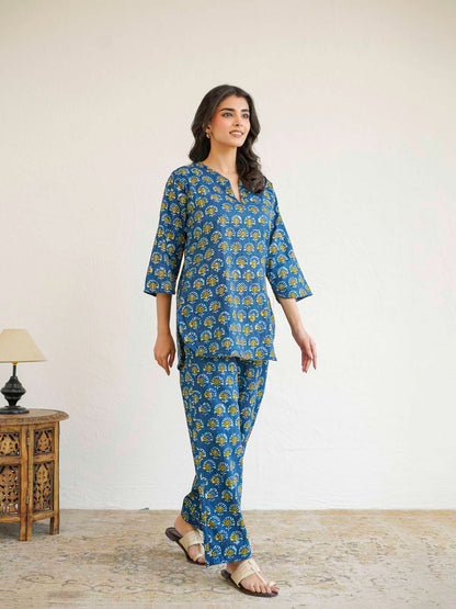 Cotton Printed Lounge Wear Coord Set Blue
