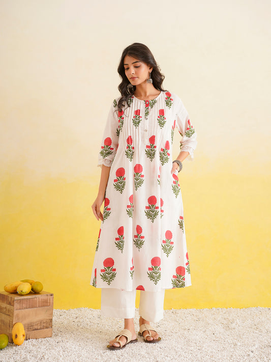 Block Printed A-Line Cotton Kurta Pant Ghazal Set White