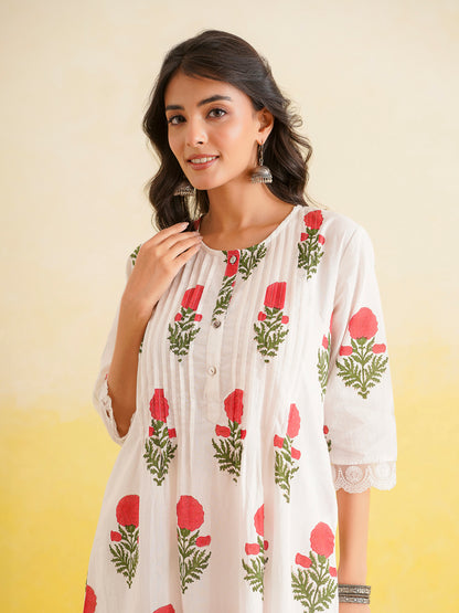 Block Printed A-Line Cotton Kurta Pant Ghazal Set White