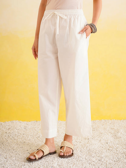 Block Printed A-Line Cotton Kurta Pant Ghazal Set White