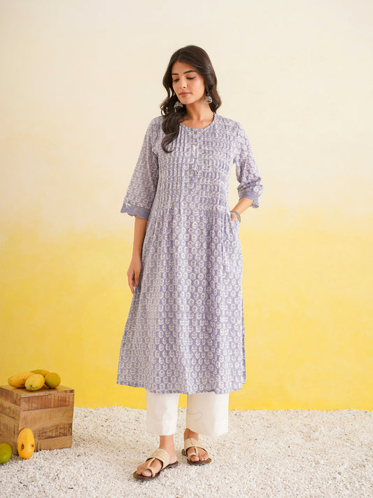 Block Printed A-Line Cotton Kurta Pant Ghazal Set Lavender